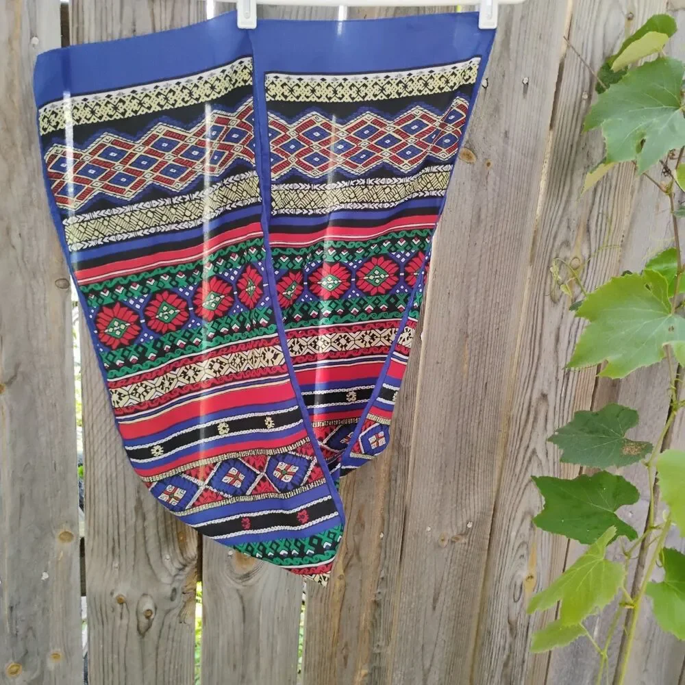 Vintage Southwestern Tribal Geometric Oblong Scarf Royal Blue Red Yellow 54x10